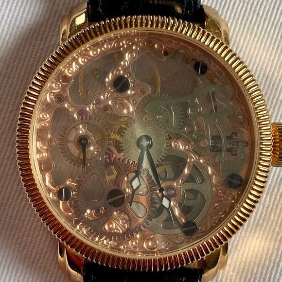 Akribos XXIV AK418RG Rose Gold Mechanical Skeleton Watch w/Black Leather band - Picture 3 of 8